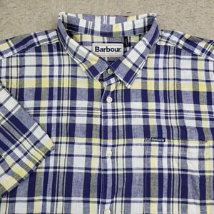Barbour Shirt Mens XL Blue Plaid Regular Fit Short Sleeve Button Up Lightweight